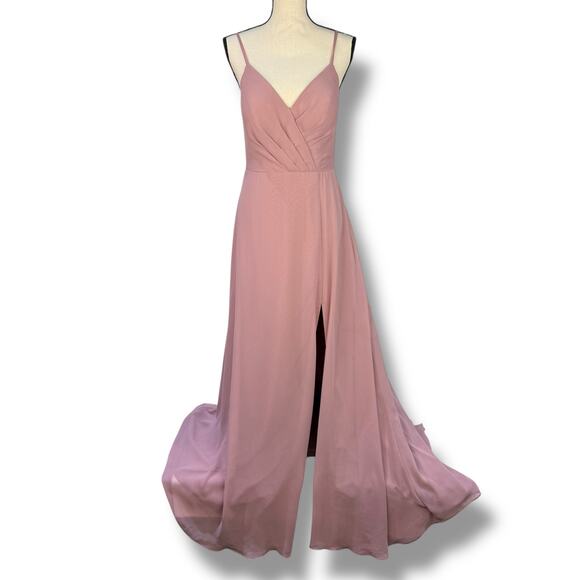 Azazie Everleigh Dress Vneck Dusty Rose Aline Floor Length Maxi Formal Size A8 - Picture 2 of 11